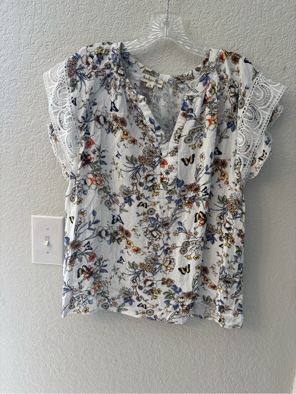 Floral Lace-Sleeve Blouse - White/Multicolor by Indigo Rose 1X